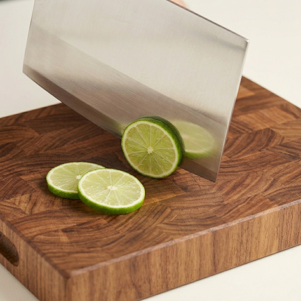 Fette sottili di limone profumato verde tagliate con un grande coltello su un tagliere di legno.