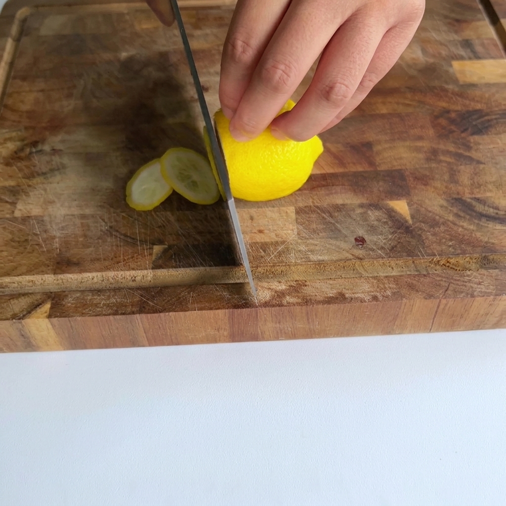 Una mano che tiene un limone giallo su un tagliere mentre un coltello pratica dei tagli sottili a rondelle.