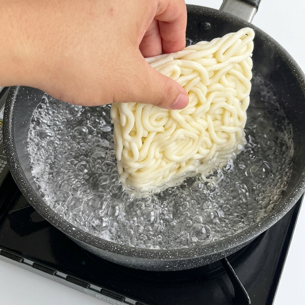 Una mano che cala un blocco quadrato di udon bianchi in una pentola di acqua bollente.