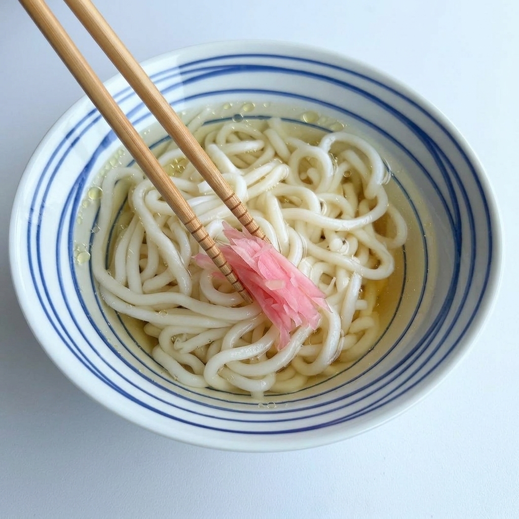 Bacchette di legno che tengono un ciuffo di striscioline di zenzero rosa brillante sopra una ciotola di noodle in brodo.