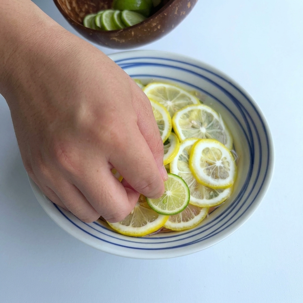 Una mano che adagia una sottile fetta di limone profumato verde su una ciotola già coperta da fette di limone giallo.