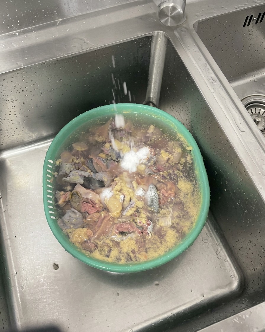 Mani che lavano i pezzi di pollo moroseta in una ciotola verde sotto lacqua corrente del rubinetto, aggiungendo del sale.