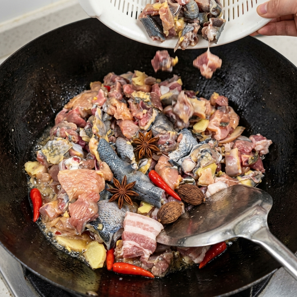Pezzi di pollo moroseta tagliati che vengono versati da un colino di plastica bianca in un grande wok nero contenente olio e spezie intere.