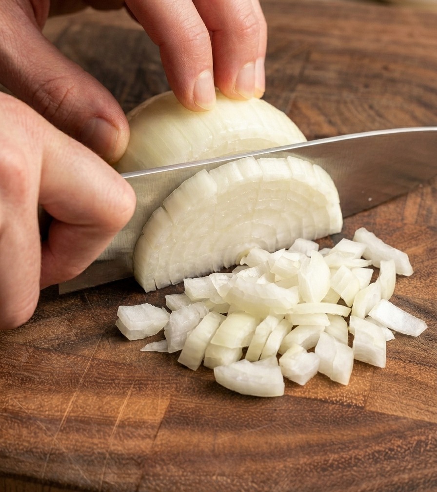 Mani che riducono a cubetti una cipolla bianca sbucciata su un tagliere di legno con un coltello da cucina.