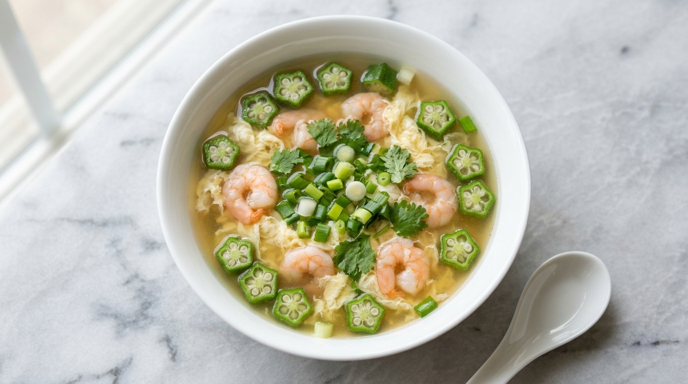 Zuppa estiva di okra e gamberi con uovo sbattuto