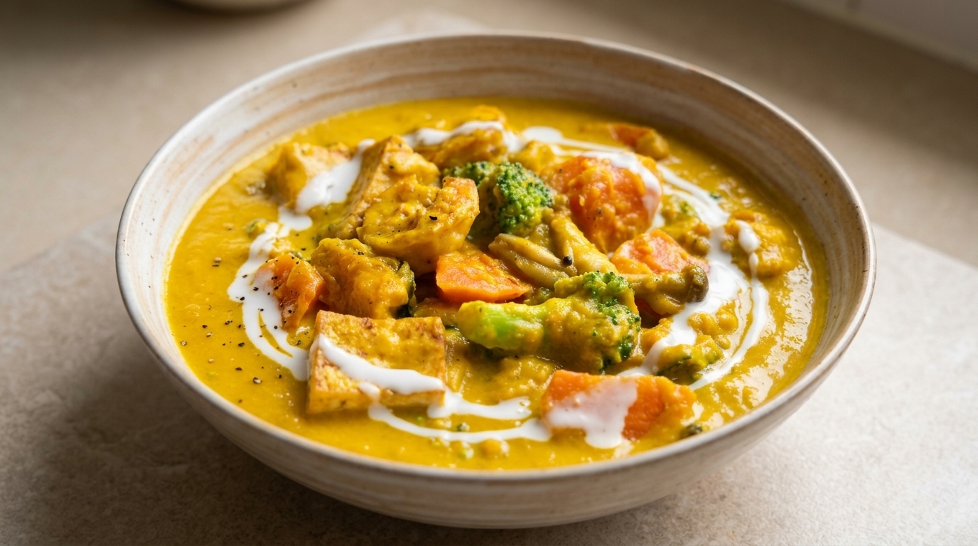 Vellutata Cremosa di Zucca con Gamberi e Tofu Croccante