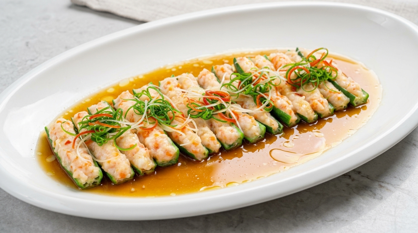 Okra al Vapore Ripiena di Gamberi con Salsa di Soia Aromatizzata