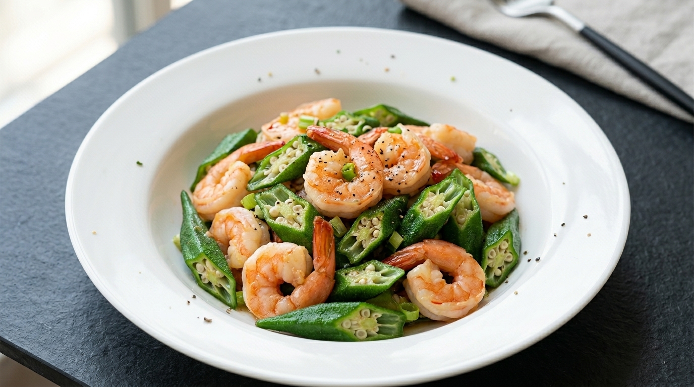 Okra Saltato in Padella con Gamberi e Salsa d'Ostriche