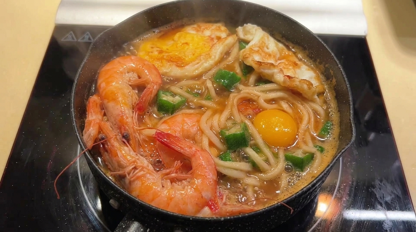 Zuppa di Noodles con Gamberi Freschi, Okra e Uova Fritte