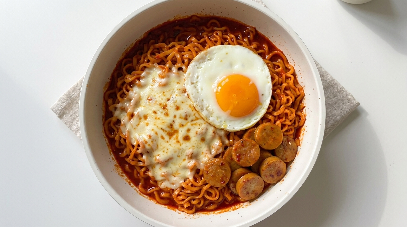 Noodles Coreani Piccanti e Cremosi con Formaggio, Salsiccia e Uovo
