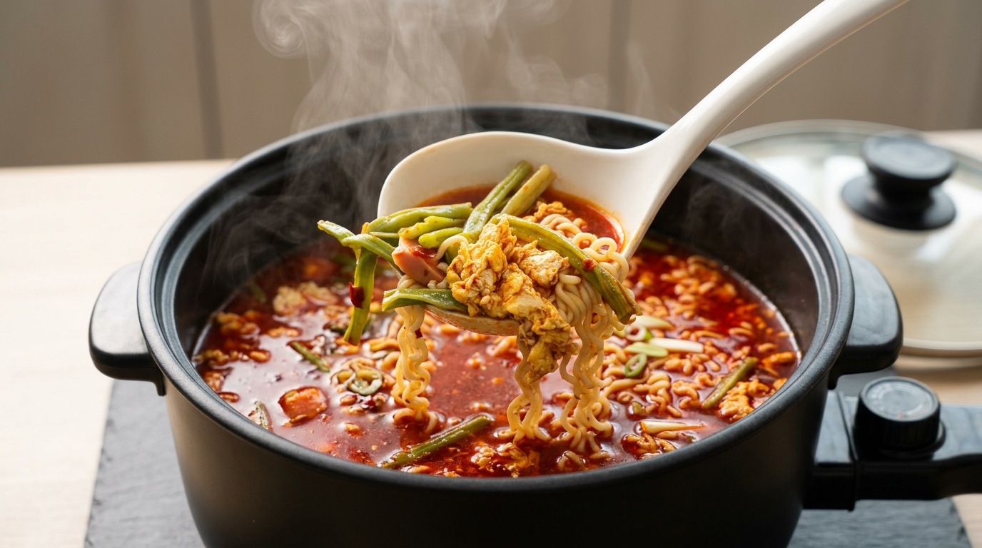 Zuppa di Noodles Piccanti Buldak con Uovo Strapazzato e Salsiccia