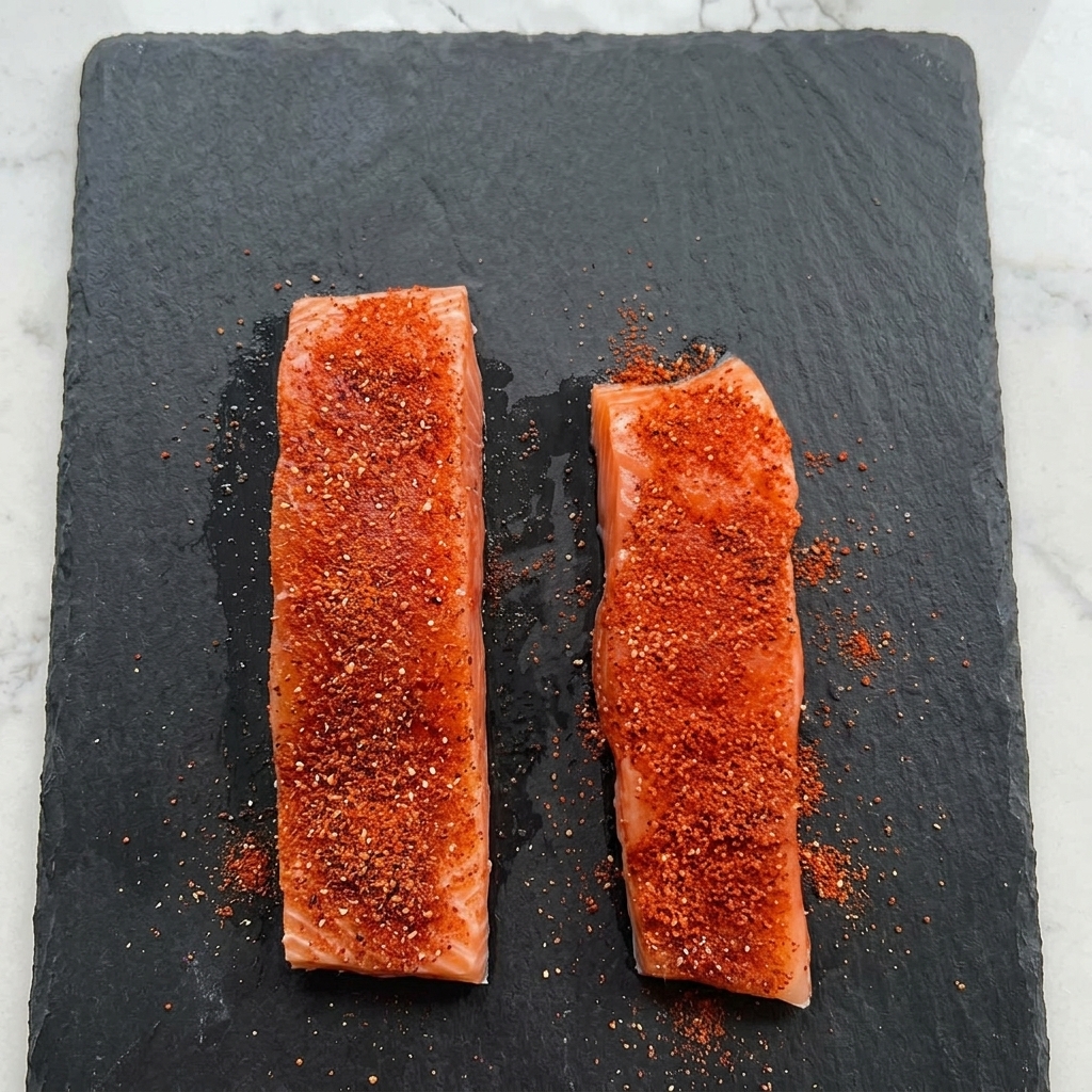 Due filetti di salmone crudo ricoperti da un mix di spezie rosse su un tagliere scuro.
