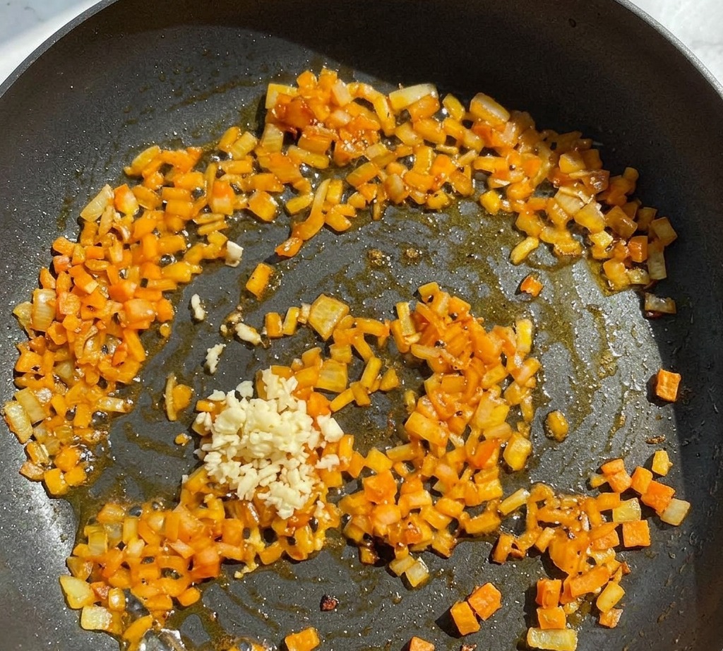 Un trito di aglio aggiunto in una padella con cipolle soffritte e piccoli pezzi di verdura arancione.