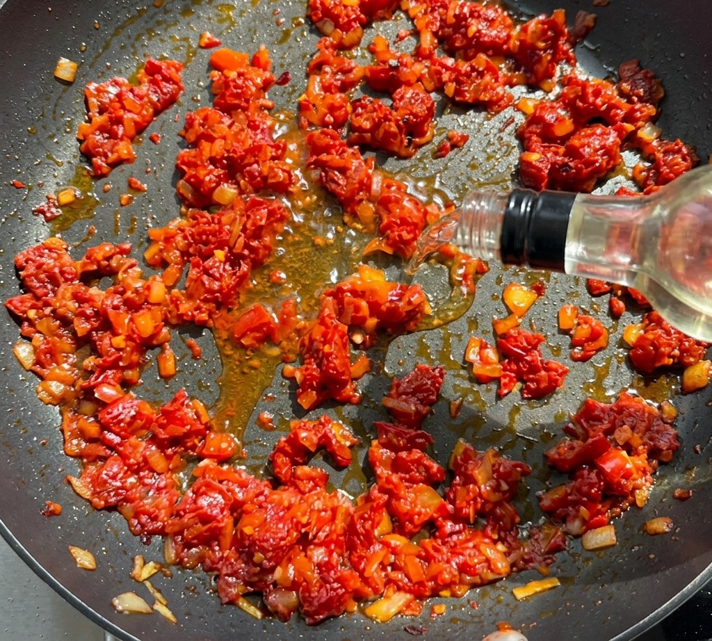 Del vino bianco viene versato da una bottiglia trasparente in una padella contenente una base di pomodori secchi e cipolle.