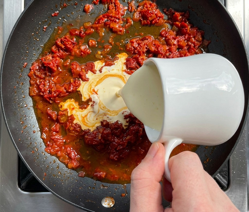 Panna da cucina versata da una brocca bianca in una padella con salsa rossa che sobbolle, creando sfumature bianche e arancioni.
