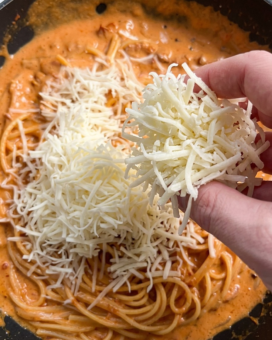 Una mano spolvera del parmigiano grattugiato su unampia padella di pasta cremosa.