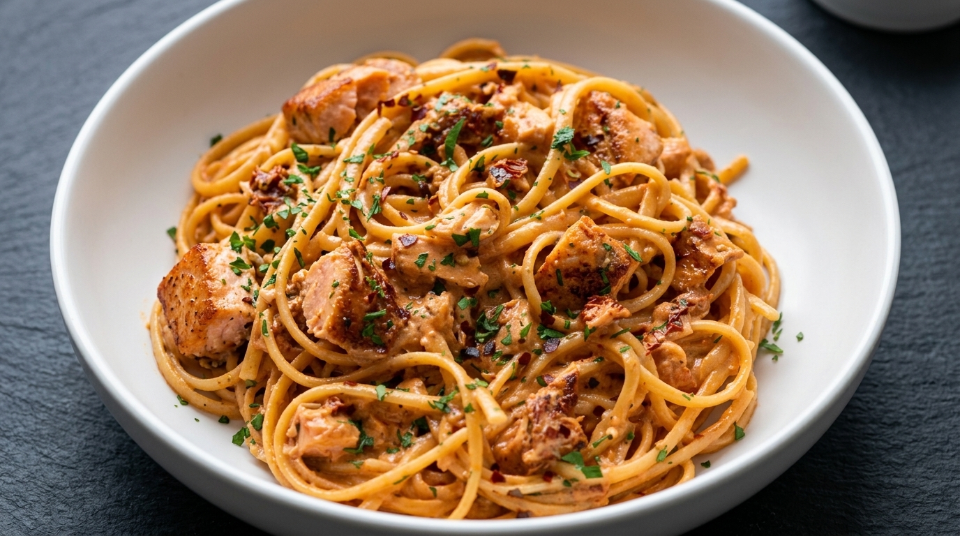 Pasta cremosa con salmone piccante e pomodori secchi