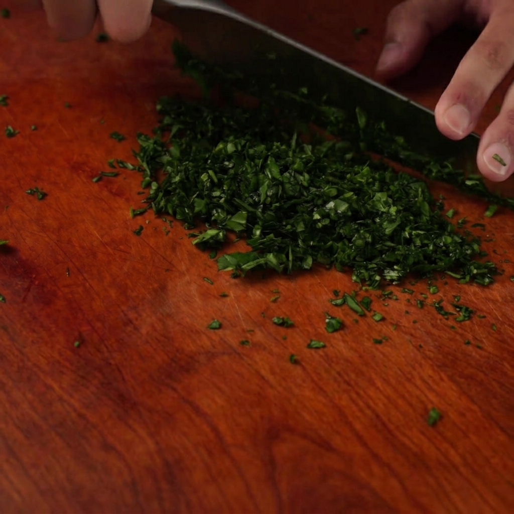 Un mucchietto di foglie di basilico verde fresco tritate finemente su un tagliere di legno.