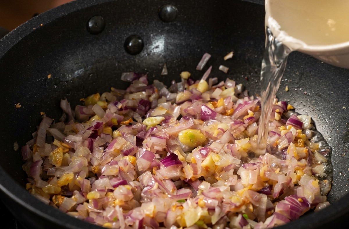 Brodo di pollo limpido che viene versato da una ciotola in una padella nera con cipolla rossa e aglio soffritti.