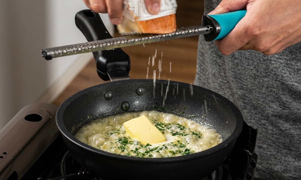 Una persona che usa una grattugia manuale per aggiungere formaggio sopra una salsa bianca per pasta che sobbolle in padella.