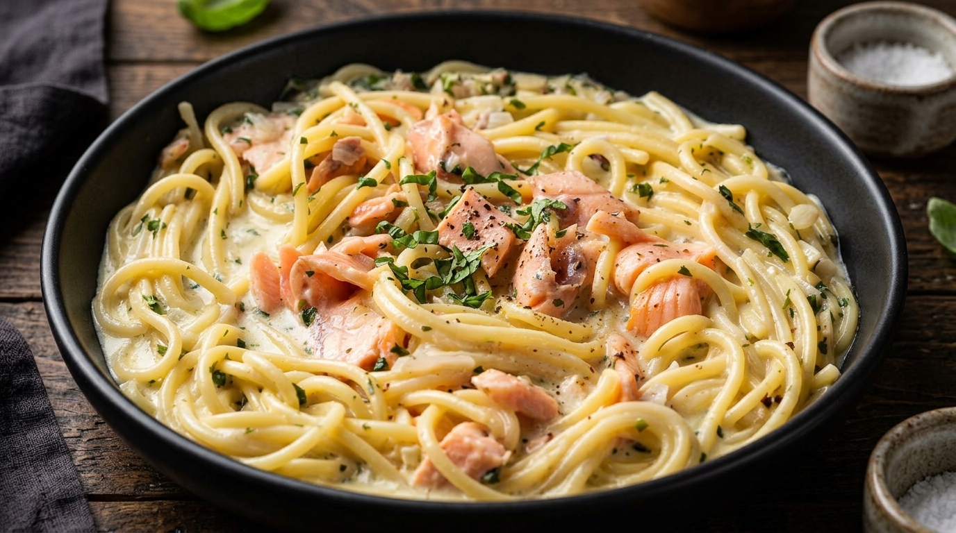 Una padella di spaghetti cremosi conditi con una ricca salsa bianca, pezzetti di salmone affumicato rosa e foglie di basilico fresco.