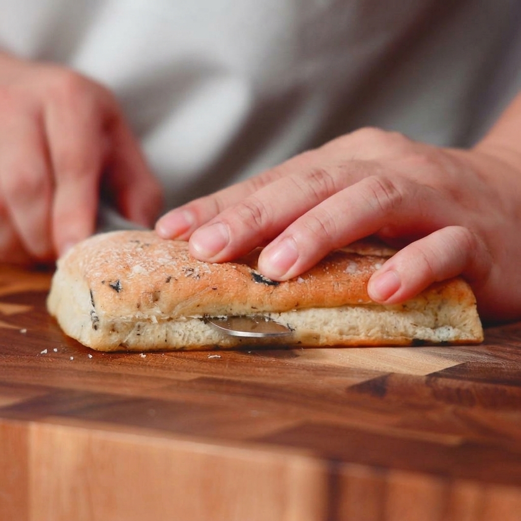 Una mano tiene ferma una pagnotta di ciabatta mentre la taglia orizzontalmente con un coltello su un tagliere di legno.