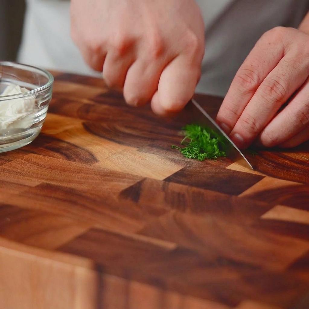 Un coltello da chef sminuzza finemente un mazzetto di aneto verde fresco su un tagliere di legno scuro.