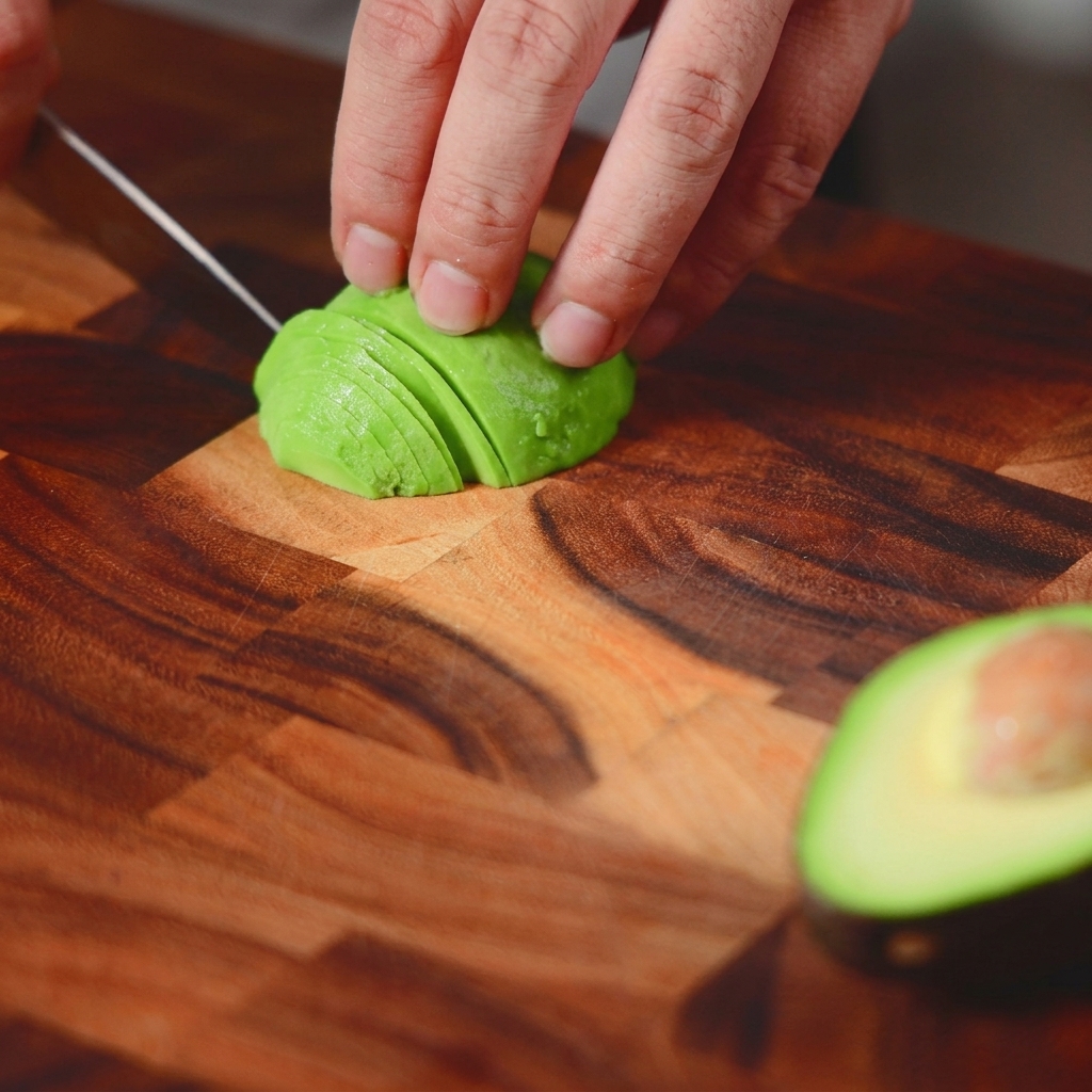 Primo piano di una mano che usa un coltello per ricavare fette sottili e regolari da un avocado verde brillante su un tagliere.
