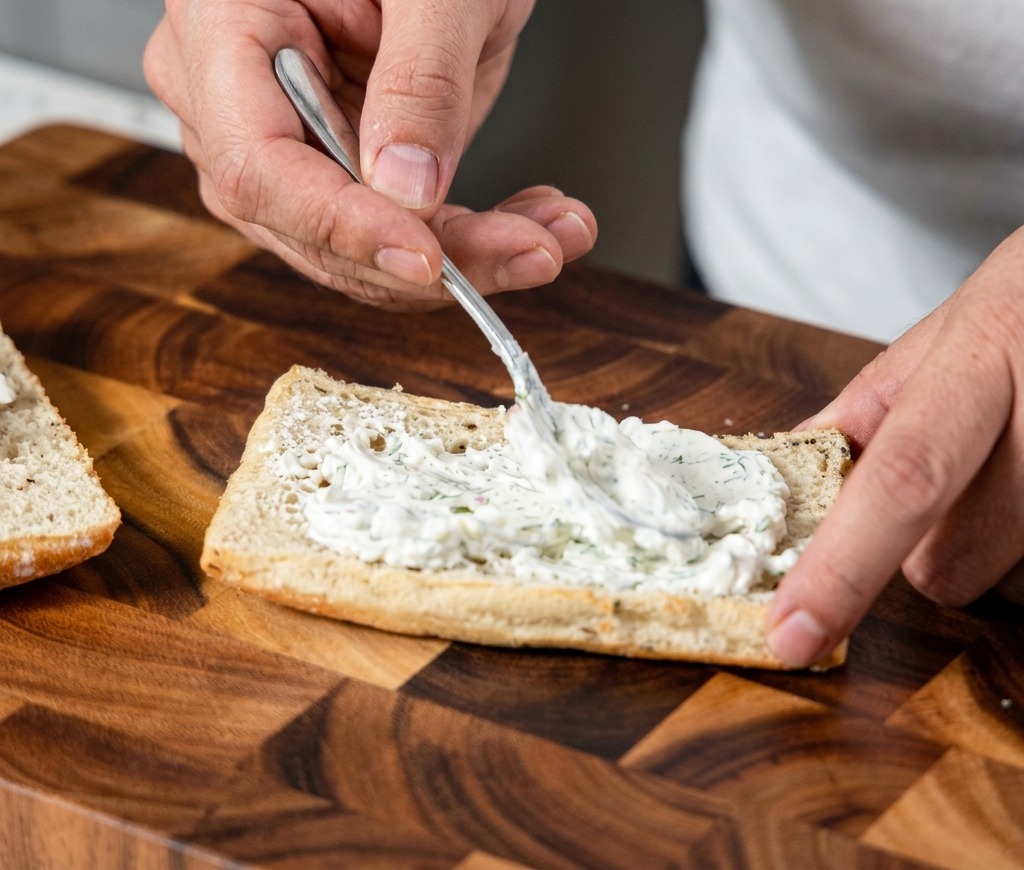 Inquadratura ravvicinata di una mano che usa un cucchiaio per spalmare un generoso strato di formaggio cremoso bianco alle erbe su una fetta di pane artigianale tostato.