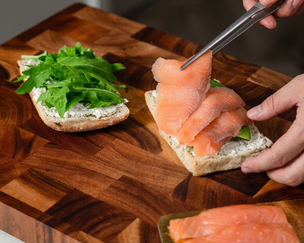 Una persona usa delle pinze da cucina argentate per disporre delicate pieghe di salmone affumicato su un panino già farcito con verdure e avocado.