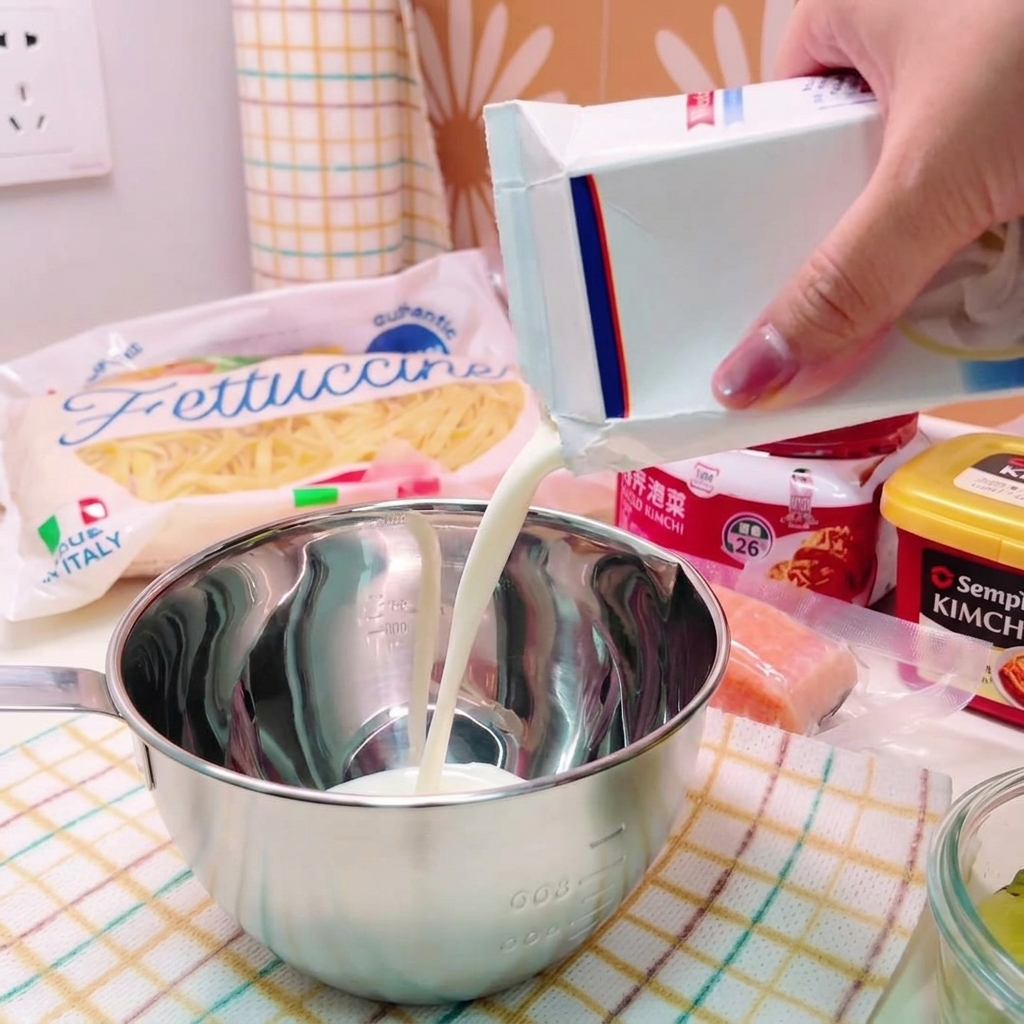 Latte che viene versato da un cartone bianco in una ciotola di metallo contenente pasta di spezie rossa e aromi.