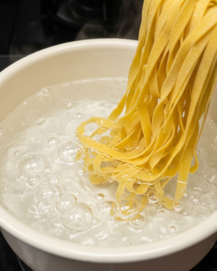 Fettuccine gialle che vengono immerse in una pentola di acqua bollente e spumeggiante.