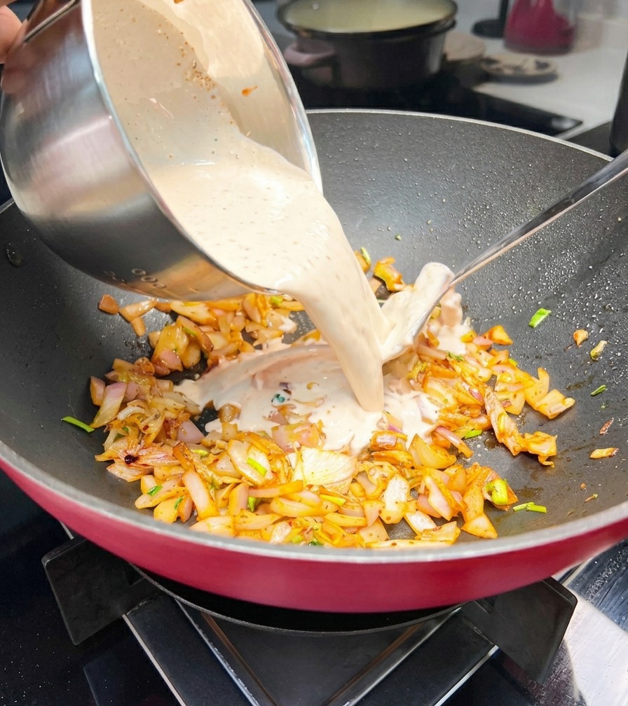 Una salsa rosa chiaro versata da una ciotola di acciaio in un wok contenente cipolle e aromi saltati.
