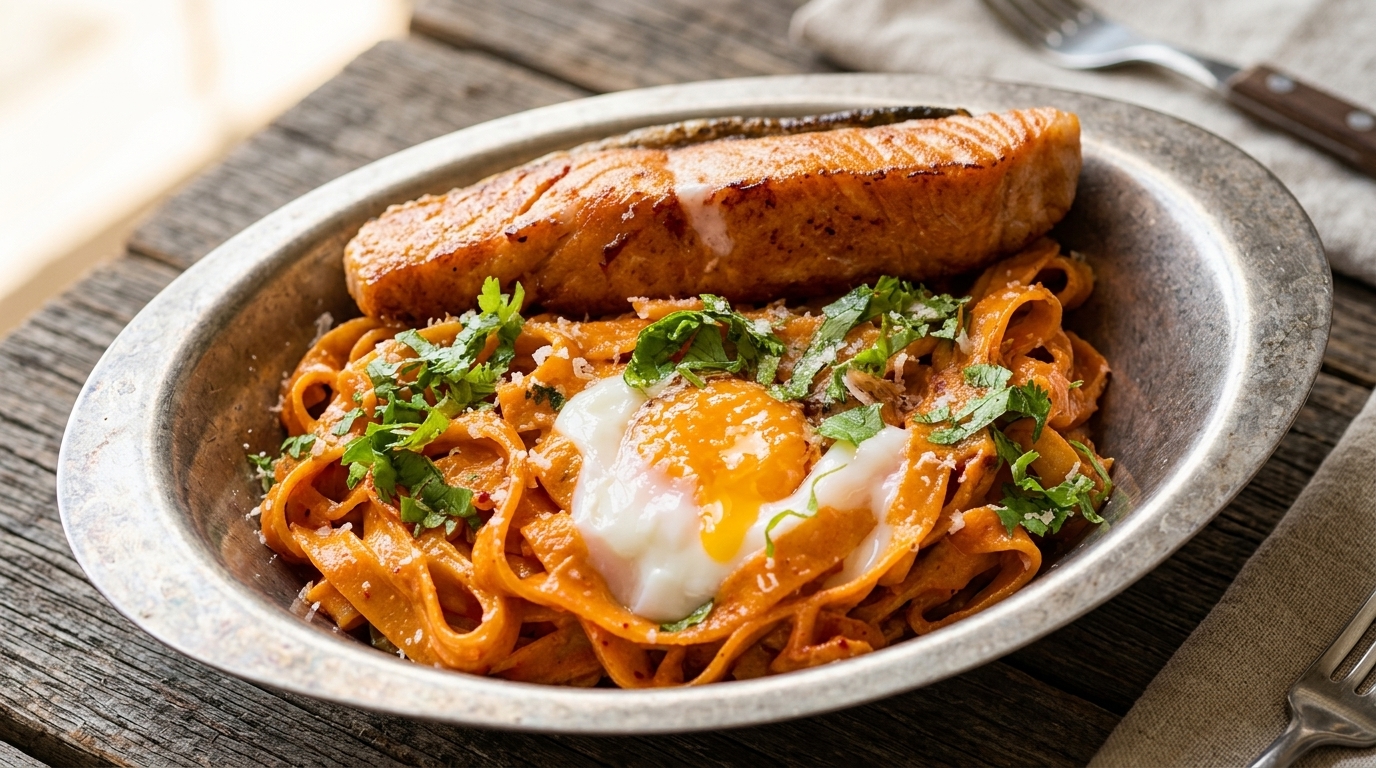Pasta Cremosa Piccante con Salmone, Kimchi e Uovo Onsen