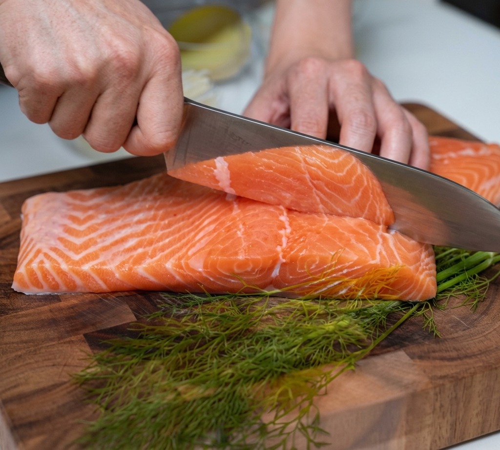 Mani che usano un coltello affilato per tagliare un filetto di salmone fresco a cubetti uniformi su un tagliere di legno.
