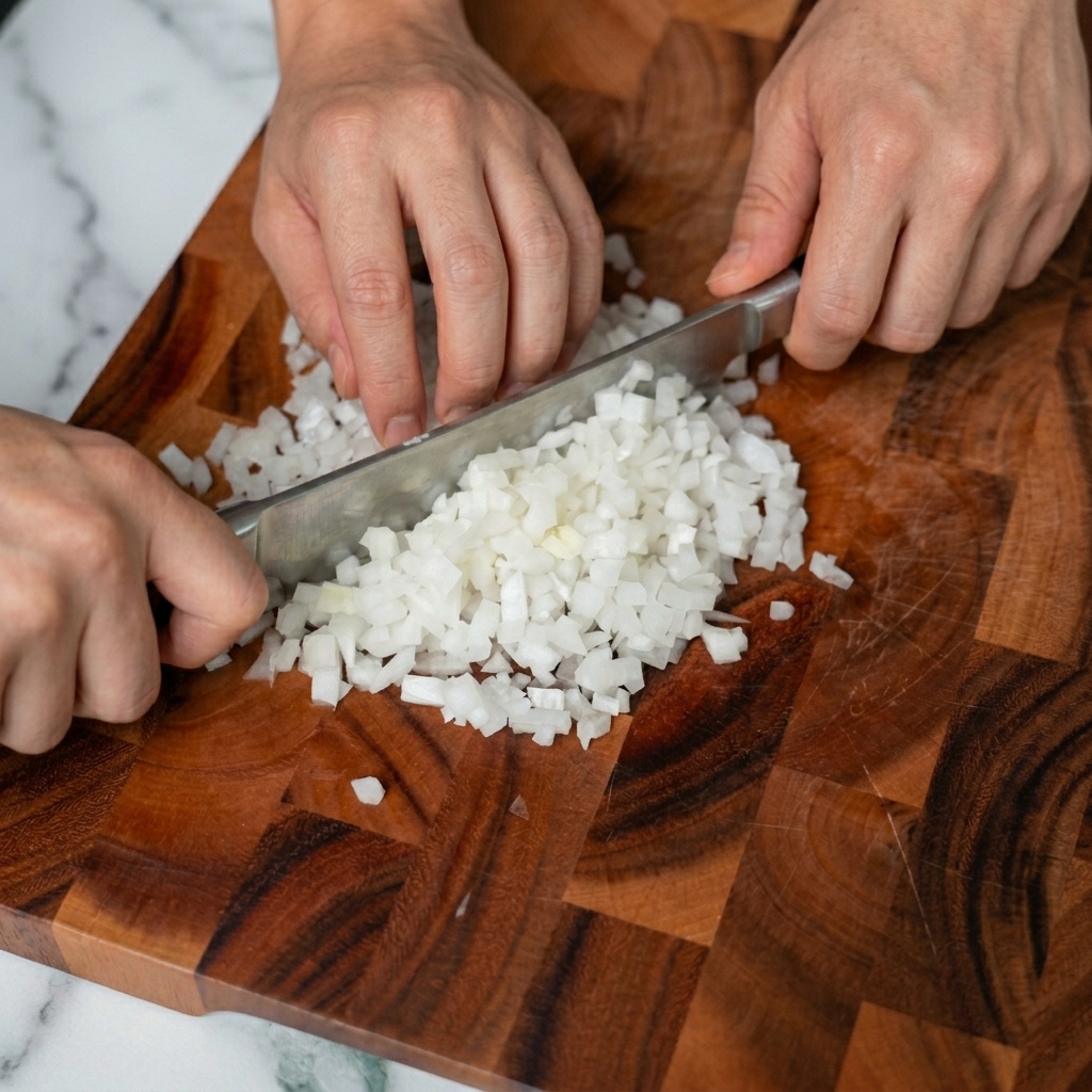 Mani che tritano finemente una cipolla bianca in piccoli cubetti uniformi su un tagliere di legno scuro.