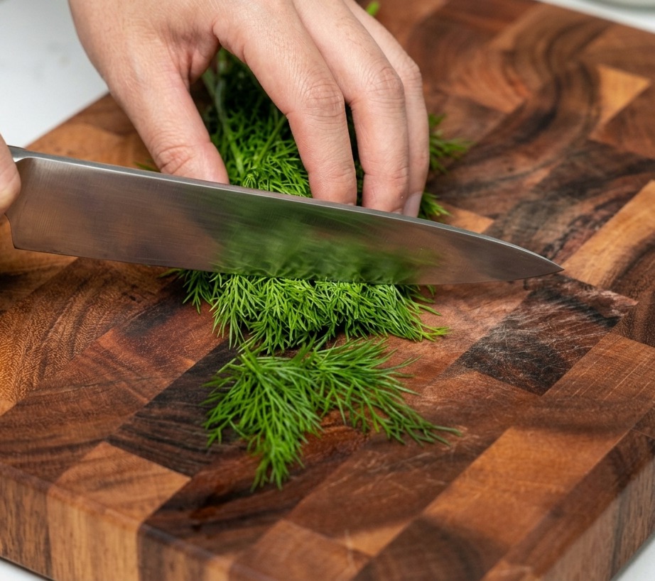 Aneto verde fresco che viene tritato finemente con un grande coltello su un tagliere di legno.