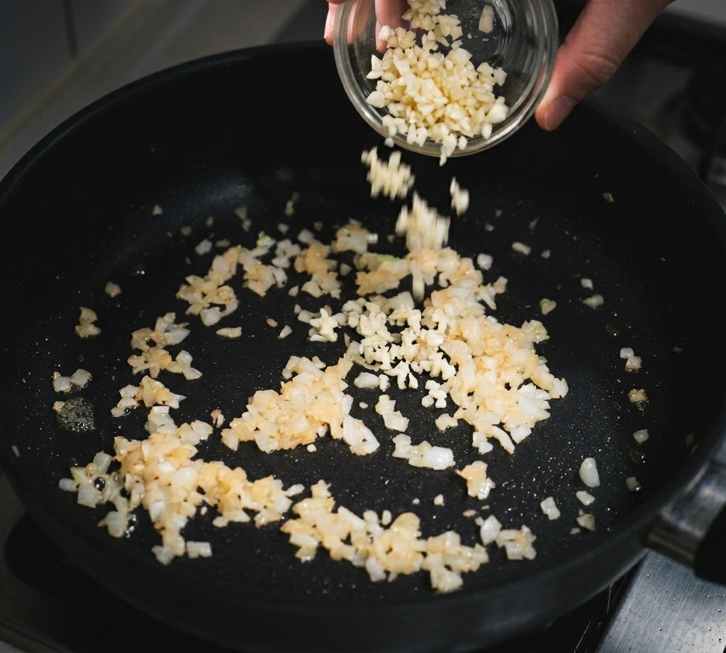 Aglio tritato che viene versato da una ciotolina di vetro in una padella con le cipolle appassite.