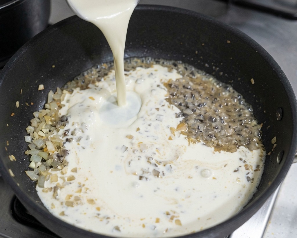 Panna fresca liquida versata in una padella nera con cipolle e vino per creare una salsa bianca.