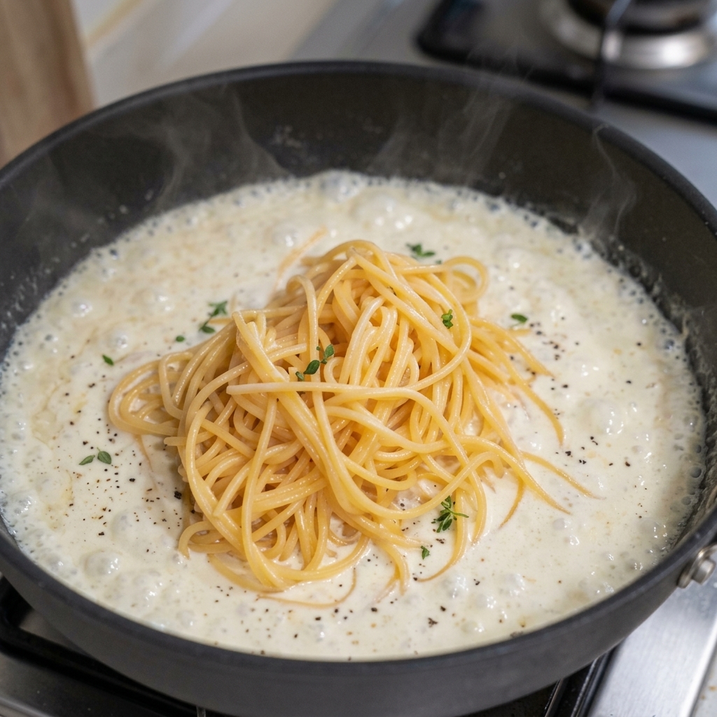Un nido di spaghetti cotti che viene trasferito in una padella con la salsa alla panna che sobbolle.
