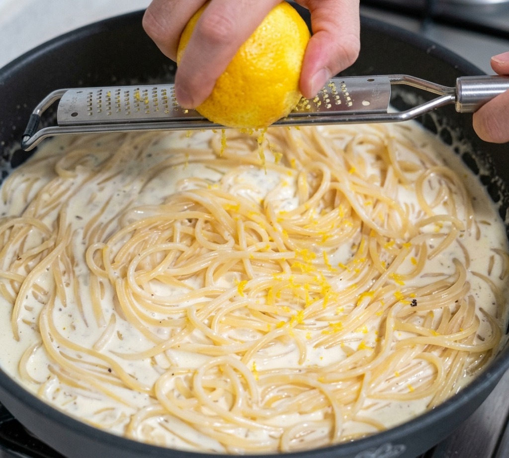 Una mano che usa una grattugia Microplane per grattugiare la scorza gialla di un limone su una padella di spaghetti cremosi.