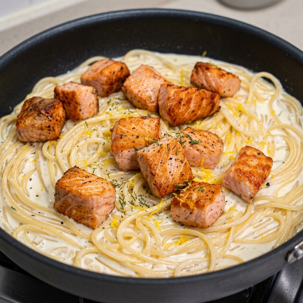Cubetti di salmone dorati e scottati adagiati sopra gli spaghetti cremosi in una padella scura.