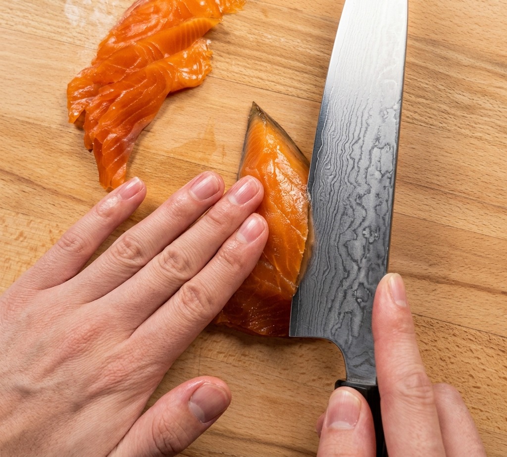 Dettaglio di mani che usano un coltello professionale in acciaio damasco per affettare il salmone affumicato su un tagliere di legno pulito.