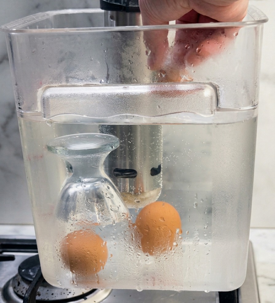 Una mano che immerge uova marroni in un contenitore per il bagno maria dotato di un circolatore a immersione per sous-vide.