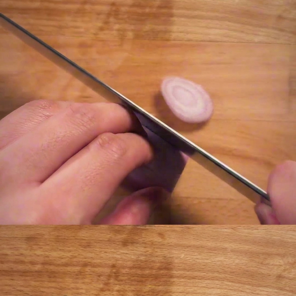 Le mani di uno chef che affettano sapientemente uno scalogno viola a rondelle sottili su un tagliere di legno.