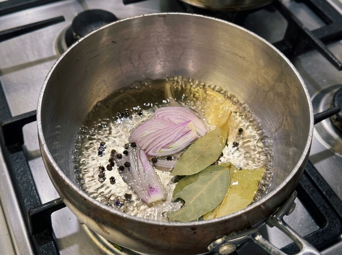 Un piccolo pentolino in acciaio sul fuoco con un liquido che sobbolle, rondelle di scalogno, foglie dalloro e grani di pepe.