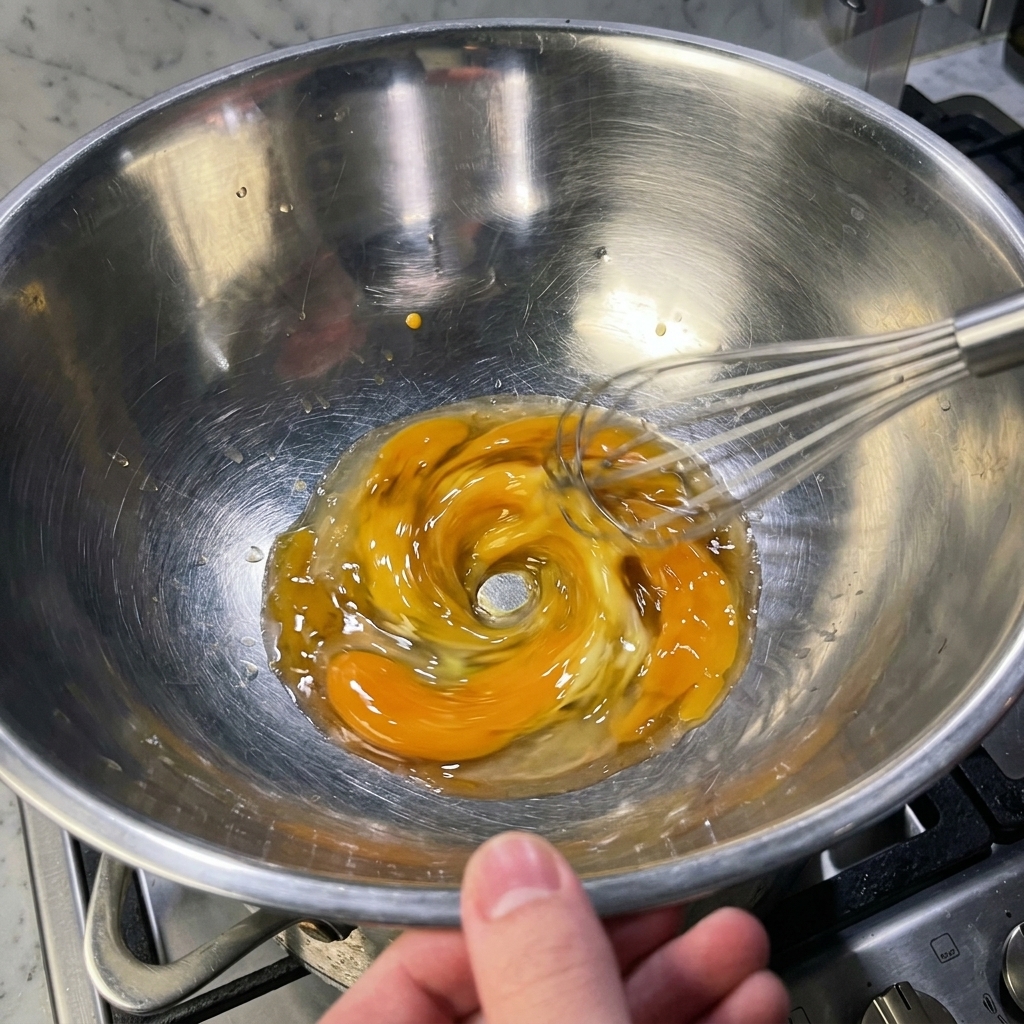 Una ciotola di acciaio inossidabile contenente tuorli duovo di un giallo brillante che vengono sbattuti energicamente con una frusta a mano.