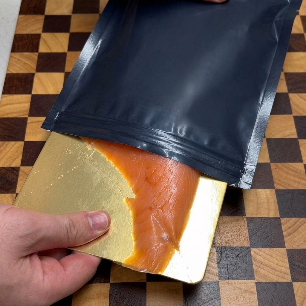Una mano che estrae una grande fetta di salmone affumicato di colore arancione dalla sua confezione di plastica nera posizionandola su un tagliere di legno a scacchi.