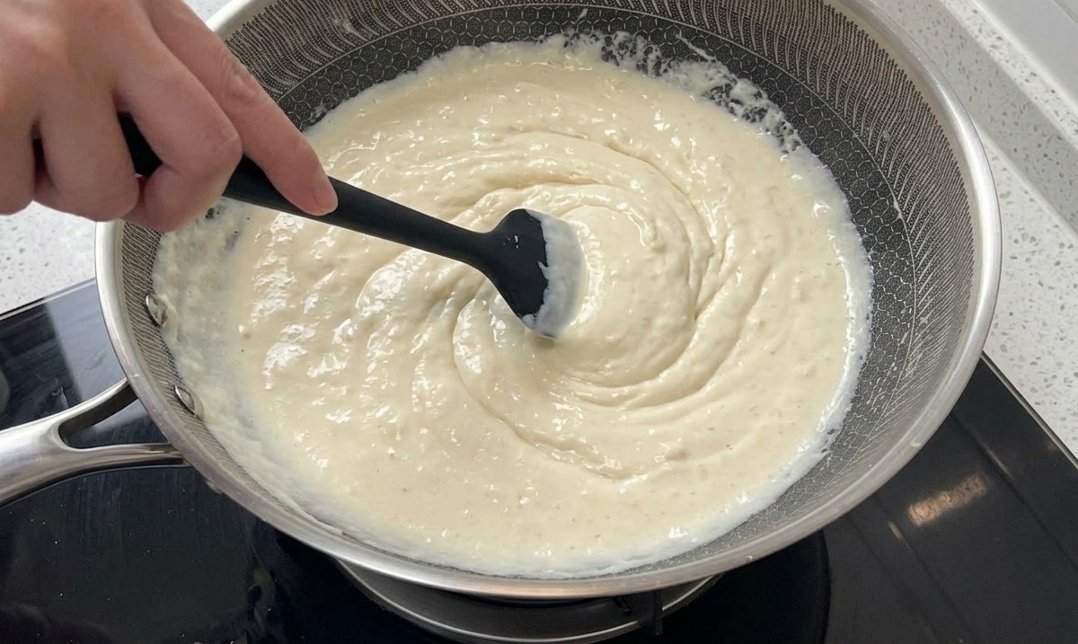 Una spatola nera che mescola una salsa alla panna bianca e ribollente contenente piccoli pezzi di salmone affumicato arancione in una padella dargento.