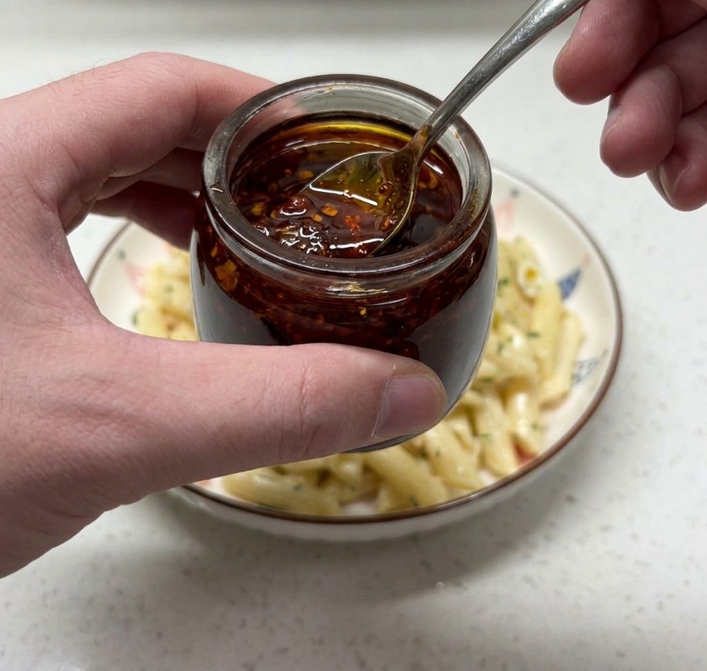 Una mano che tiene un cucchiaio e un piccolo barattolo di vetro, versando un filo di olio piccante rosso vivo sopra la pasta cremosa al salmone impiattata.
